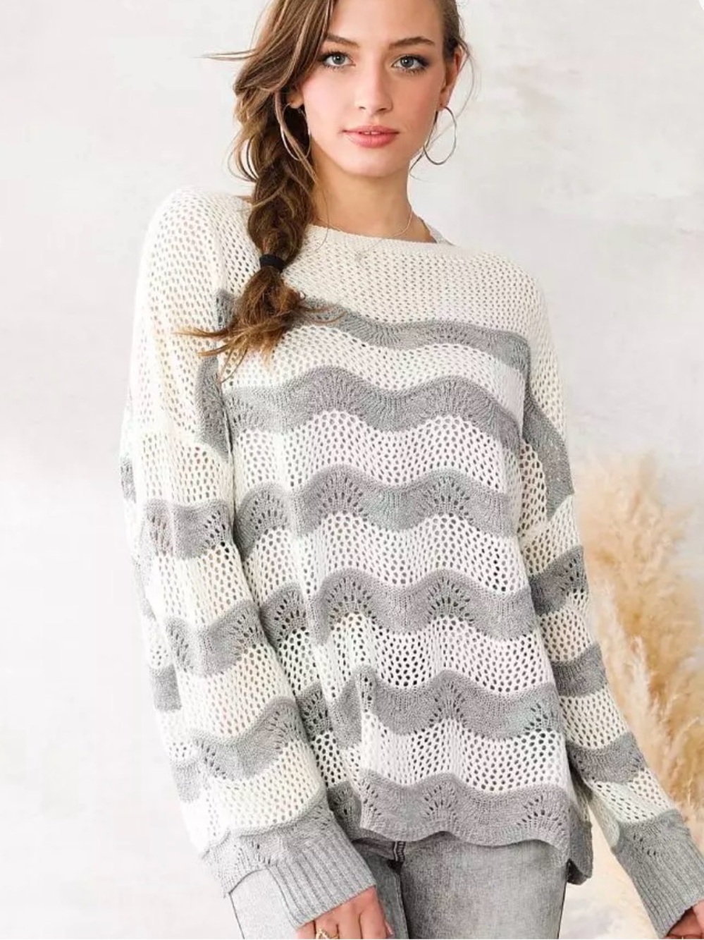Willow and Root Layering Gray and Cream Striped Open Knit Boatneck Sweater, M